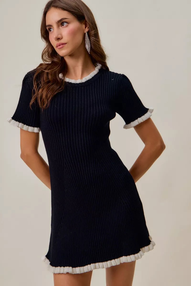 Contrast Ruffled Sweater Knit Mini Dress