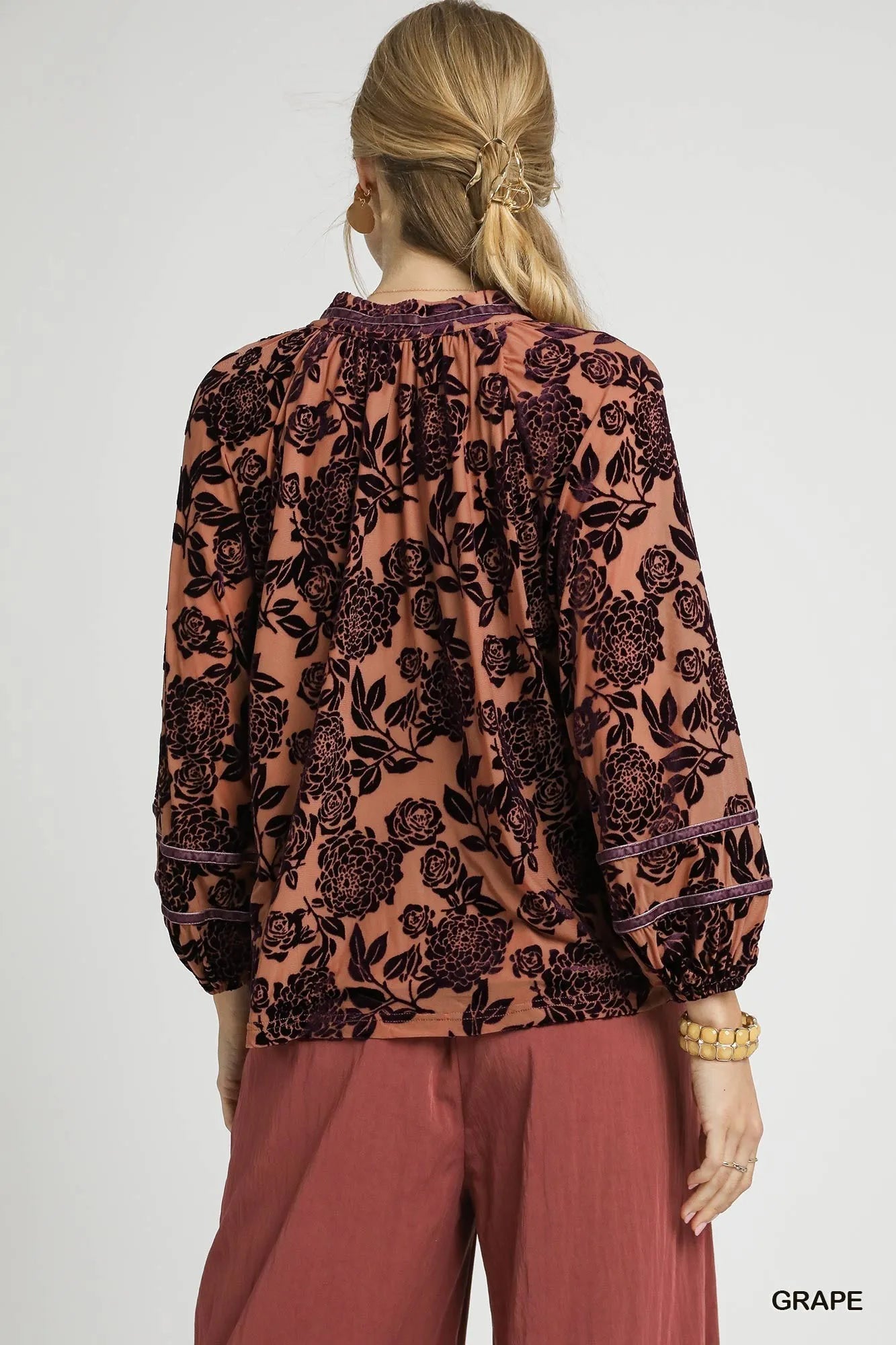 Floral Velvet Blouse with Balloon Sleeves