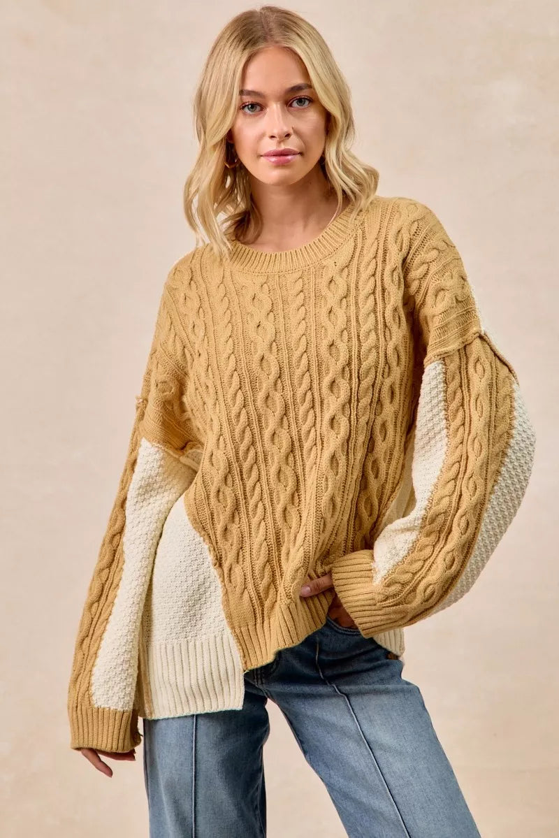 Cable Knit With Hacci Combo Sweater With Uneven Hem Detail