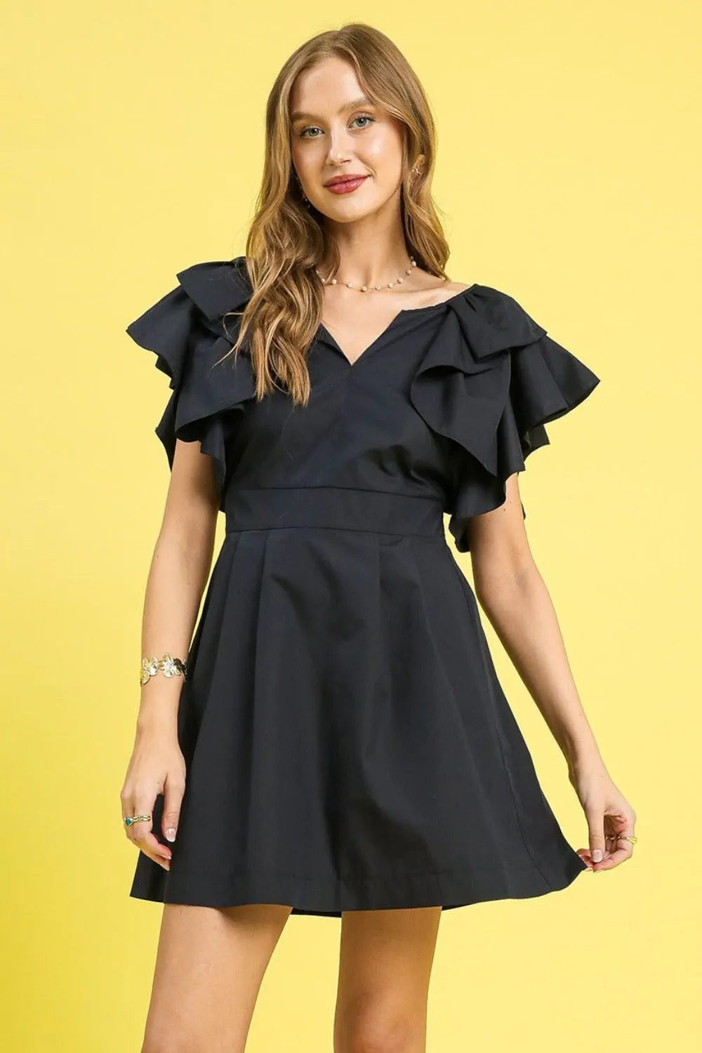 Double Ruffle Sleeve Fit and Flare Dress