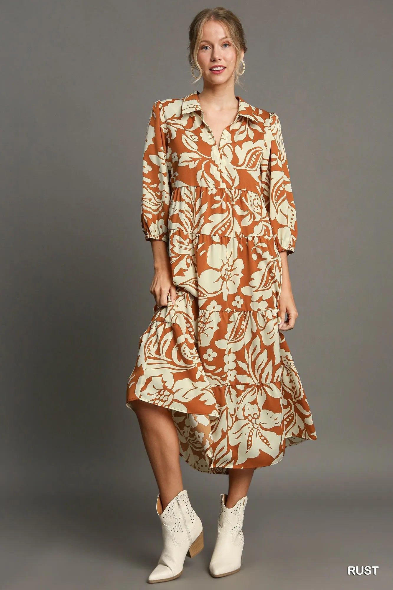 Full Size Floral Tiered Midi Shirt Dress Plus Size