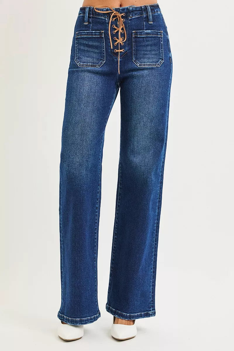 Full Size High Rise Wide Leg Jeans with Front Tie Detail Plus Size