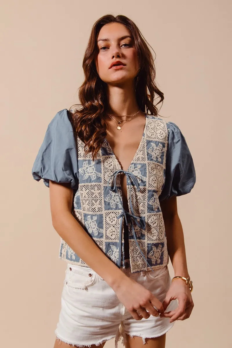 Crochet Lace Tie Front V Neck Blouse Top