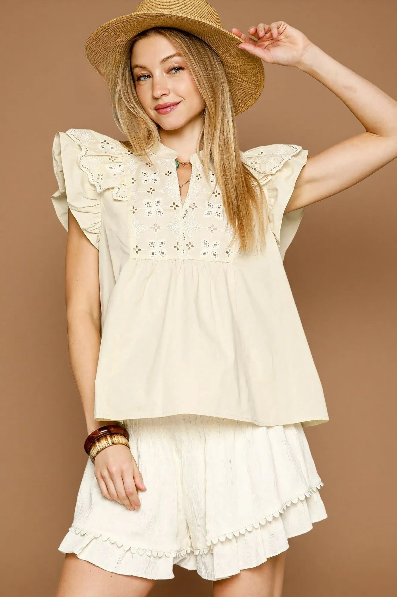 Eyelet Embroidered Ruffle Sleeve Blouse