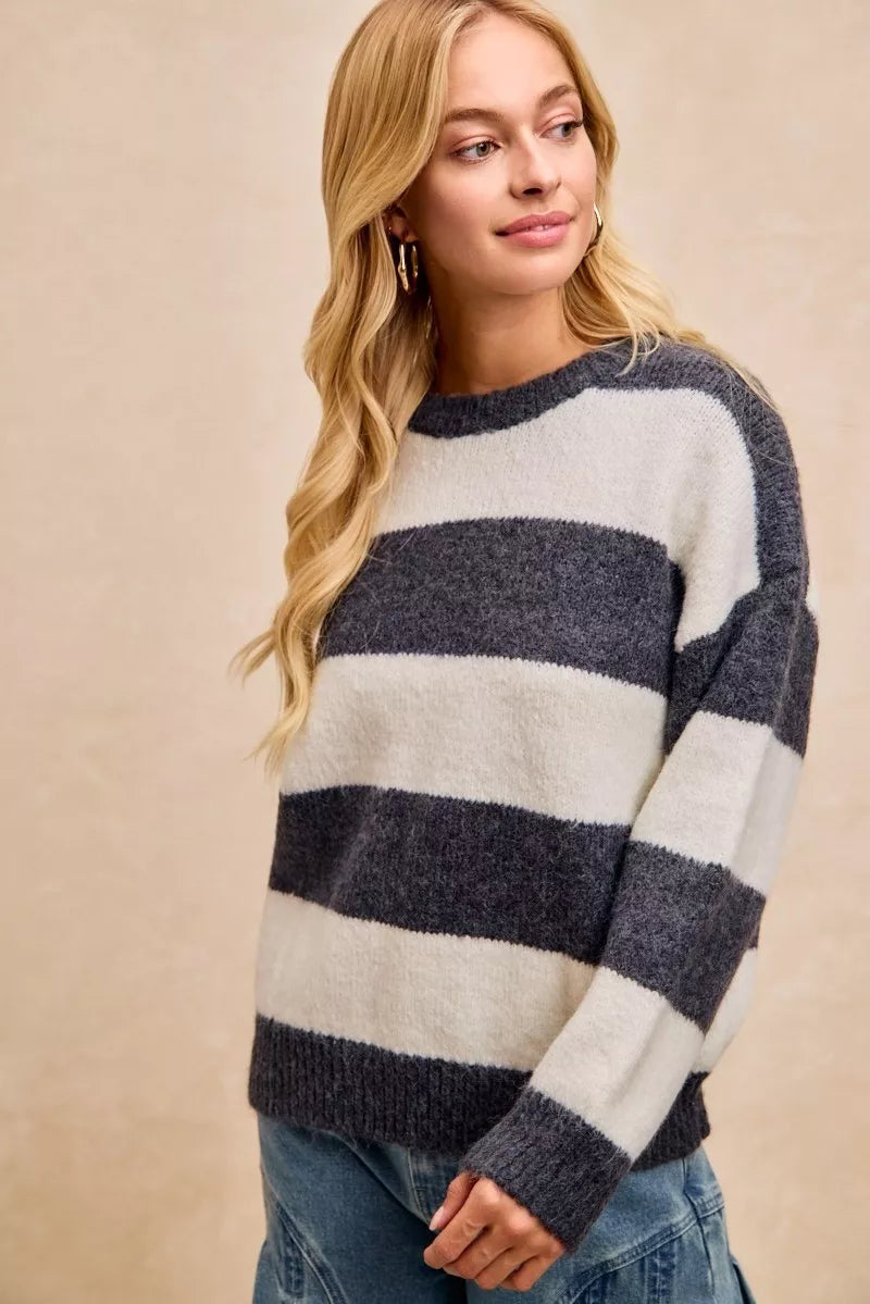 Wide Stripe Fuzzy Knit Round Neck Sweater