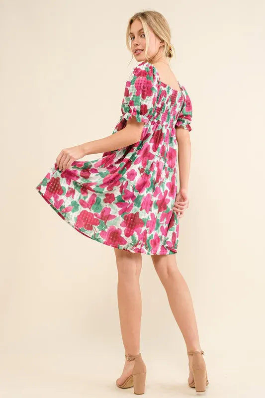 Smocked Floral Ruffle Short Sleeve Mini Dress
