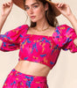 Smocing Bodice Puff Short Sleeve Printed Crop Top