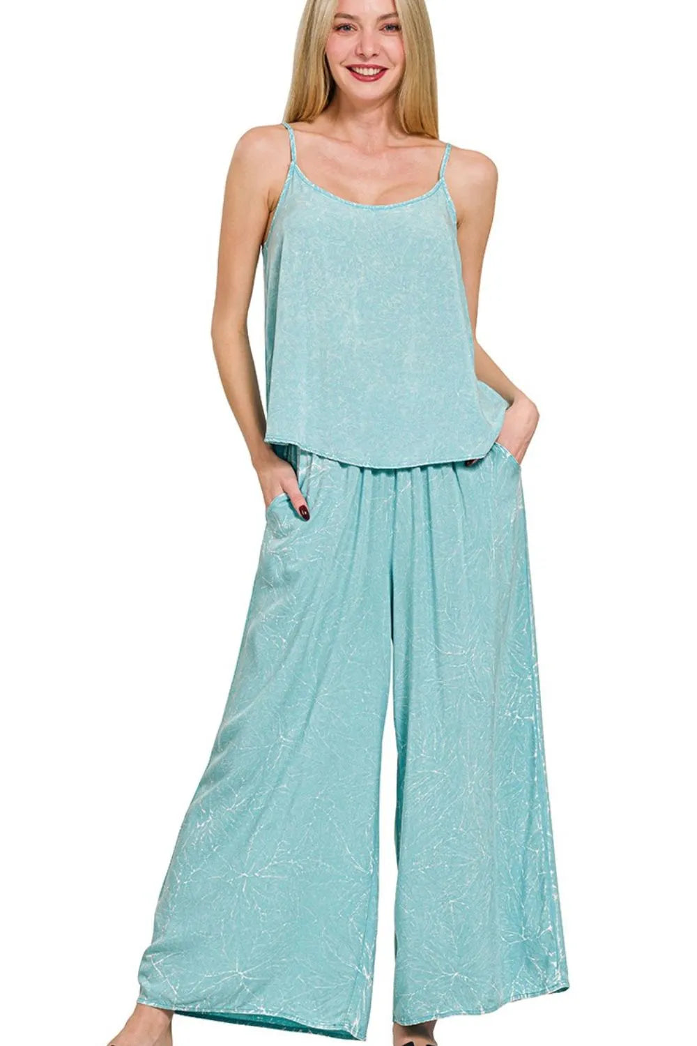 Woven Acid Crinkle Washed Cami & Pants 2 Piece Set