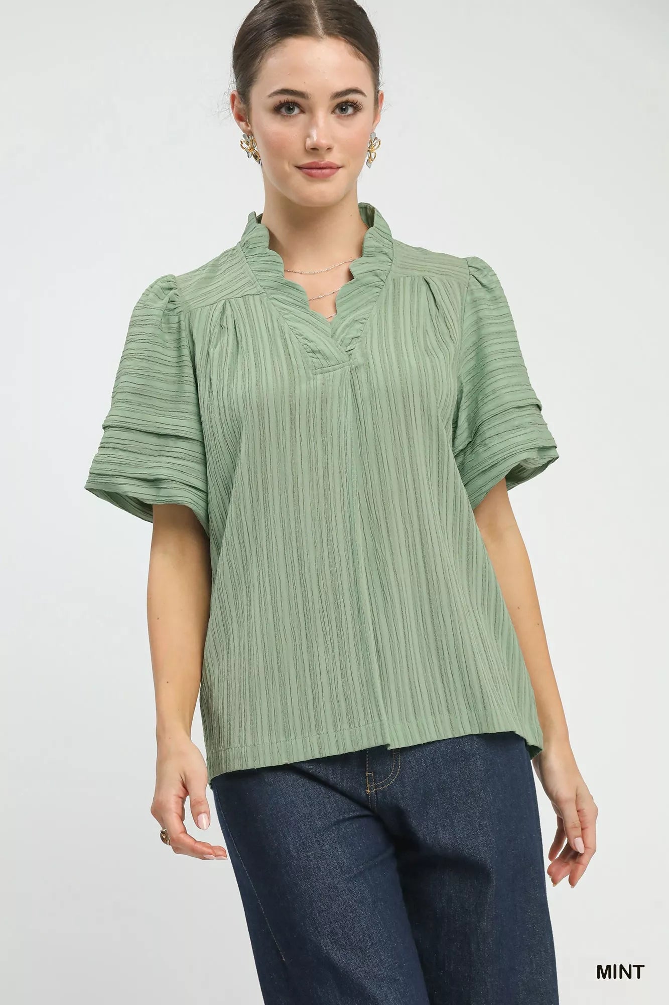 Seersucker Bubble Sleeve V-Neck Blouse