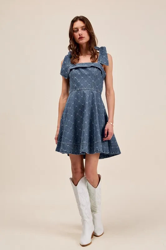 A Line Fit and Flare Diamond Bow Ribbon Denim Dres