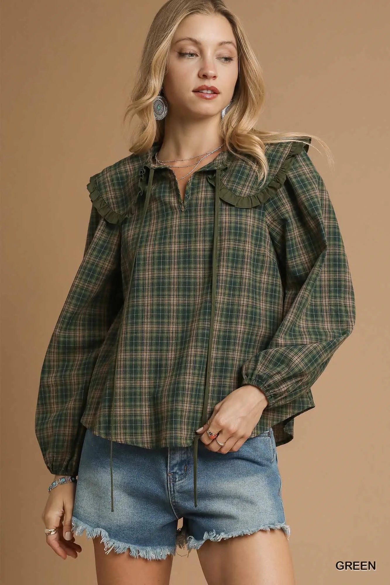 Full Size Plaid Ruffle Collar Blouse Plus Size