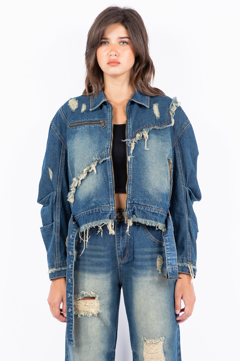 Full Size Distressed Frayed Edge Zip Up Denim Jacket Plus Size