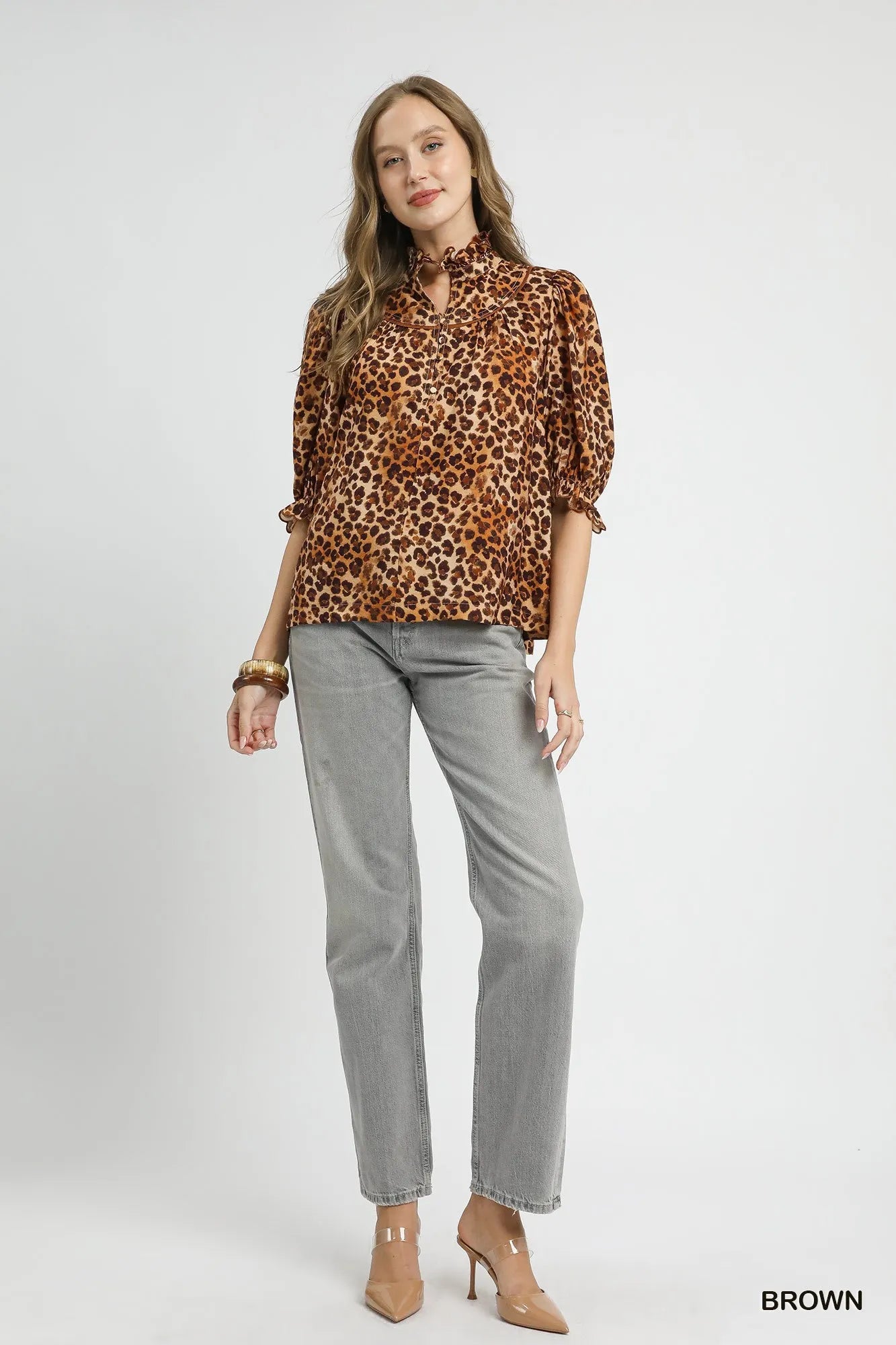 Full Size Leopard Print Ruffle Neck Blouse Plus Size