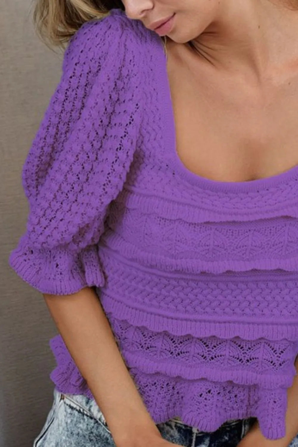 Square Neckline with Puff Sleeve Crochet Top