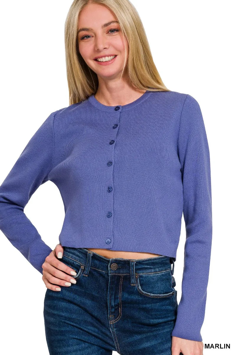 Button-Front Crewneck Long Sleeve Cropped Cardigan