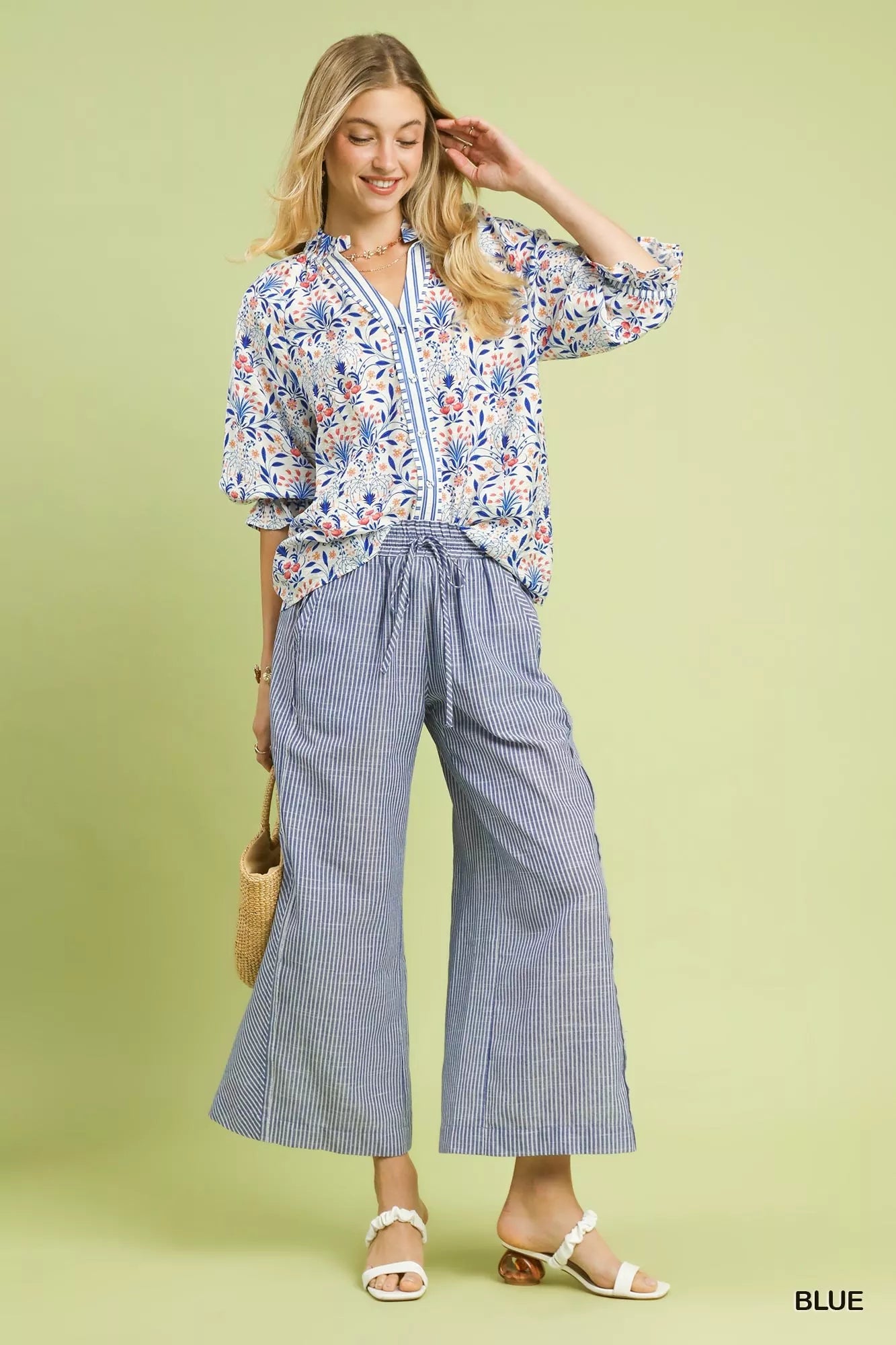 Linen Blend Striped Wide Leg Pants