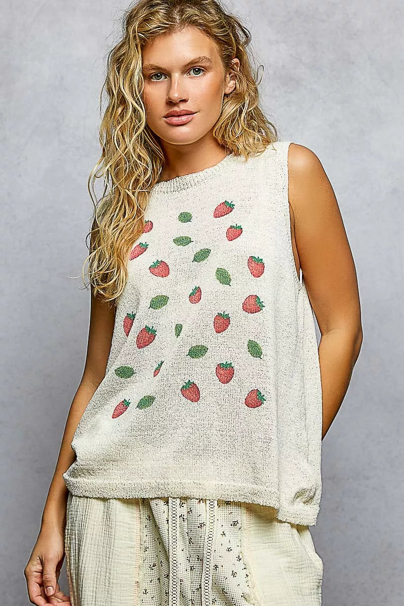 Strawberry Pattern Round Neck Sleeveless Sweater Top