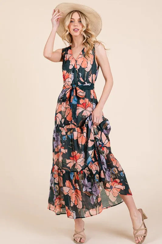 Floral Print Sleeveless Tie Waist Maxi Dress