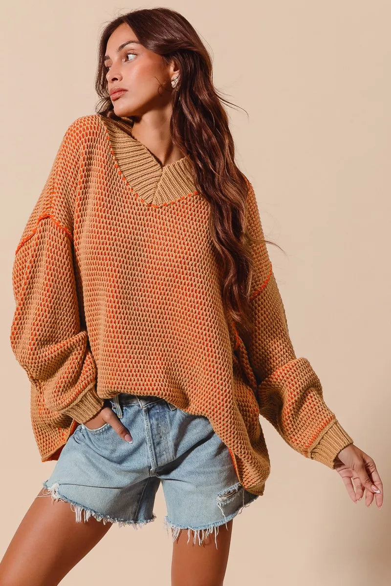 Oversized Two Tone Textured V Neck Sweater