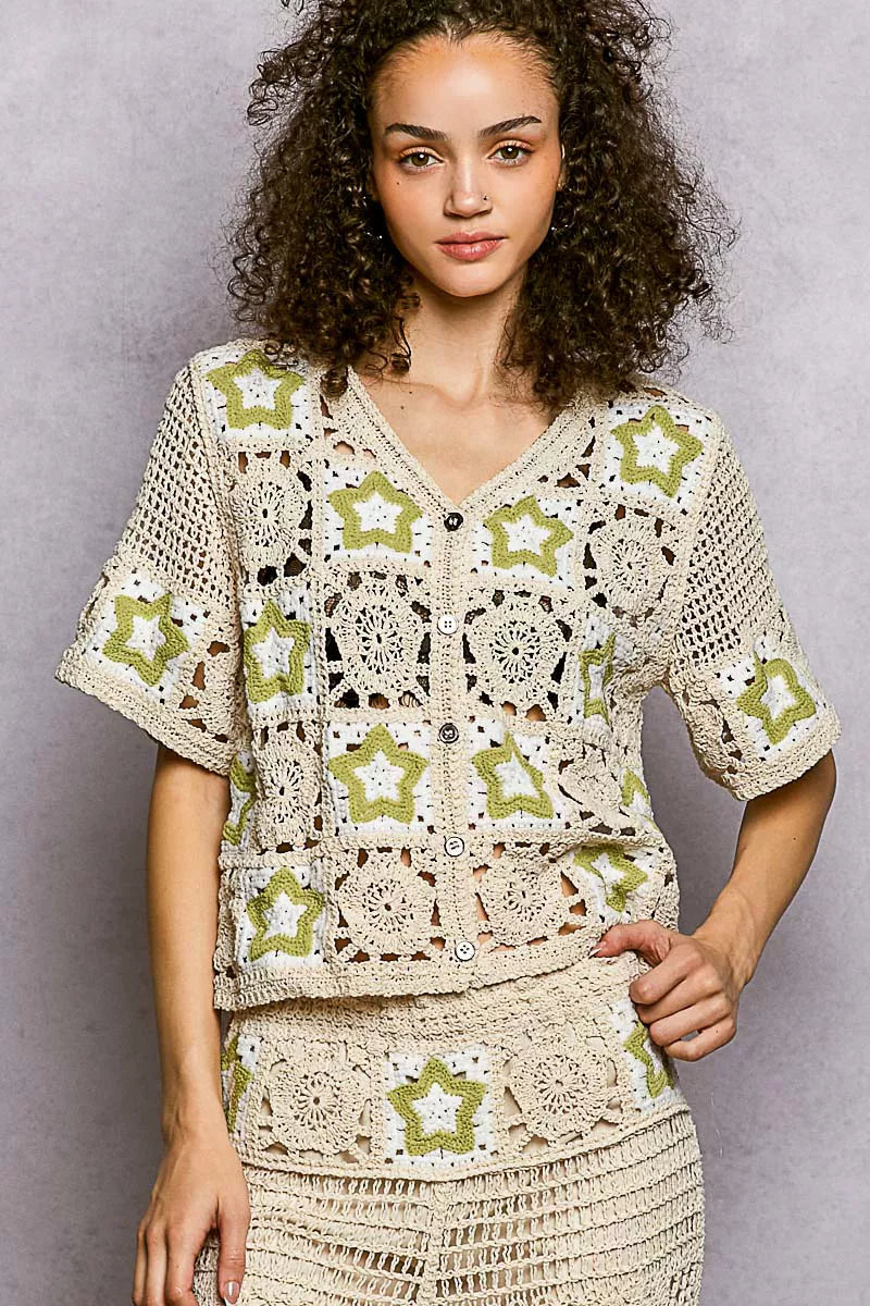 Button Front V-Neck Crochet Cardigan with Contast Star