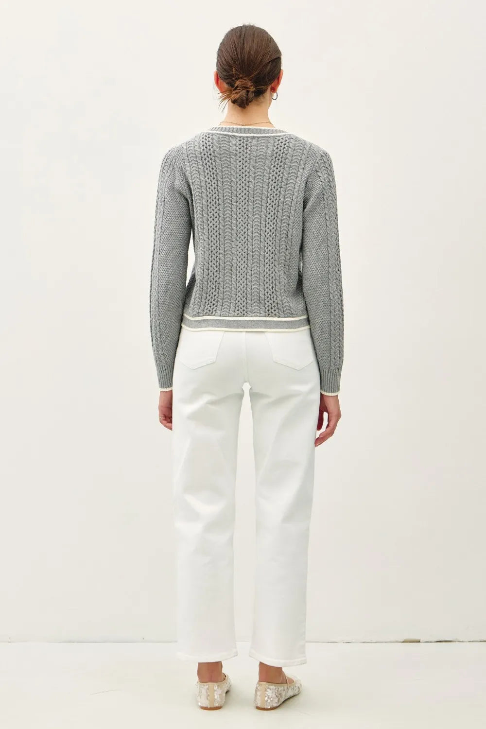 Cable Knit Long Sleeve Contrast Edge Cardigan