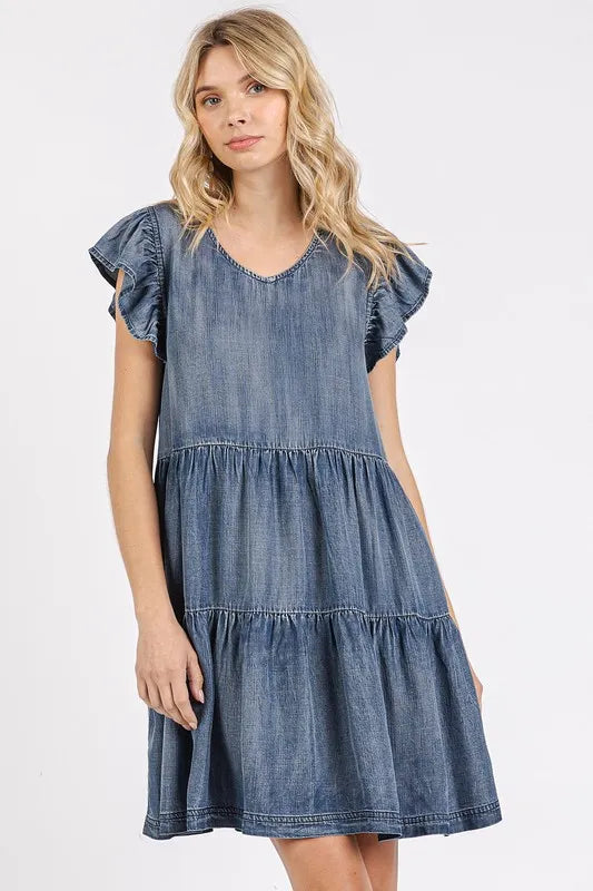 V-Neck Ruffled Cap Sleeve Mini Dress