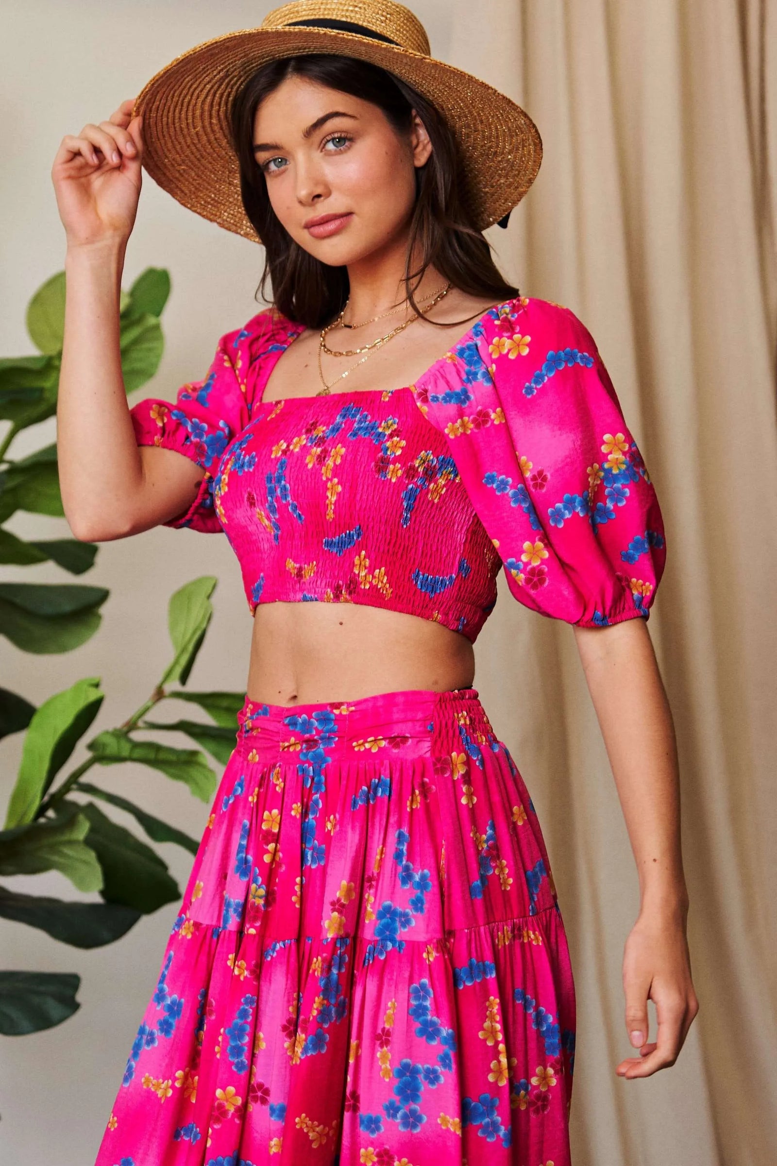 Smocing Bodice Puff Short Sleeve Printed Crop Top