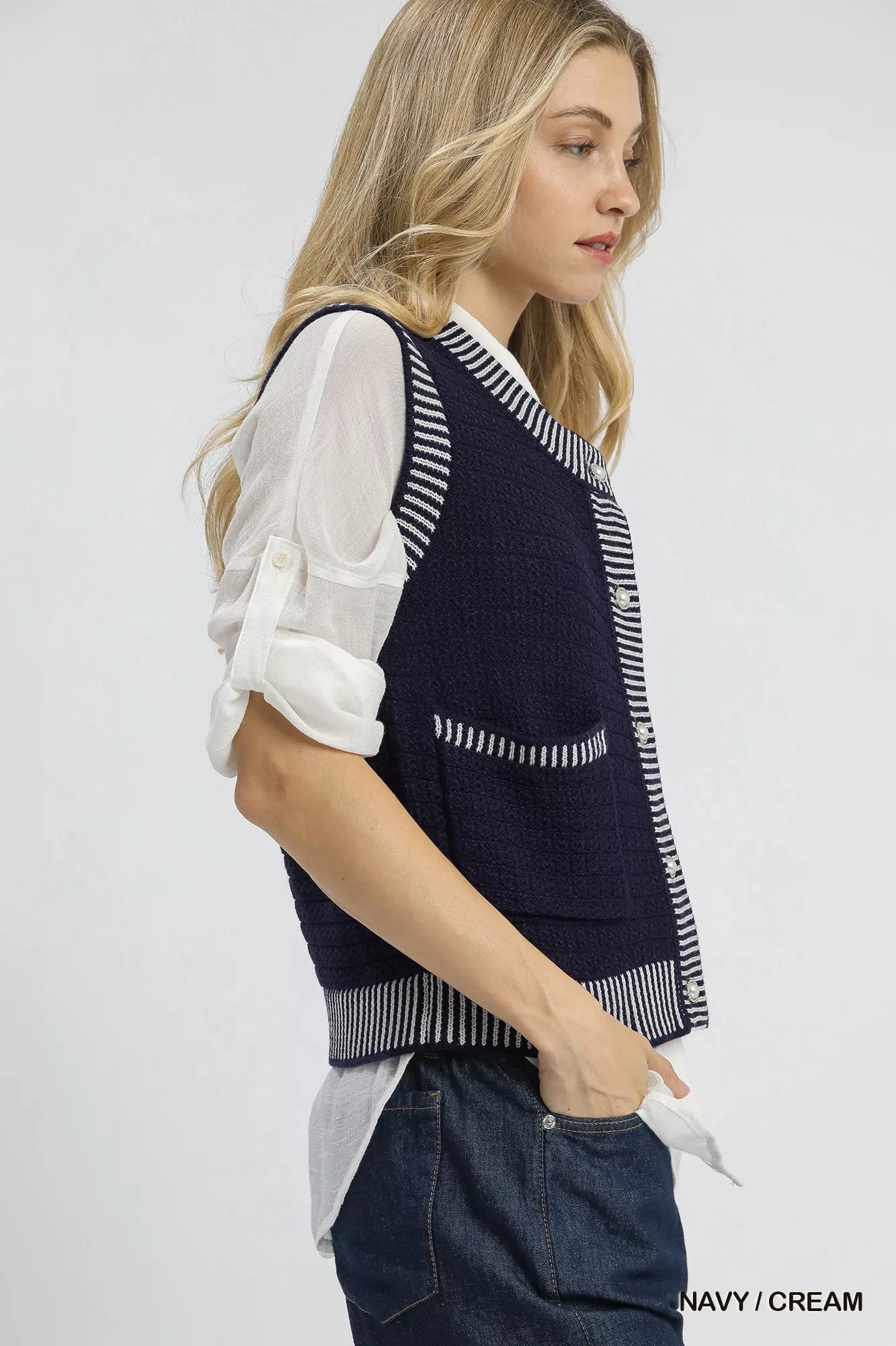 Contrast Striped Trim Button-Down Sweater Vest