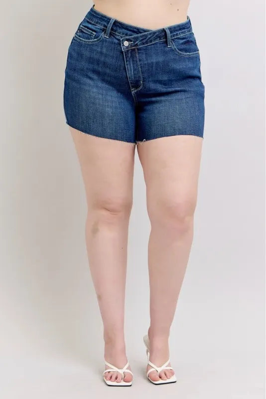 Plus Size High Waist Criss-Cross Waistband Denim Shorts