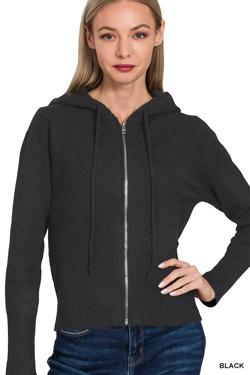 Drawstring Zip Up Hooded Cardigan