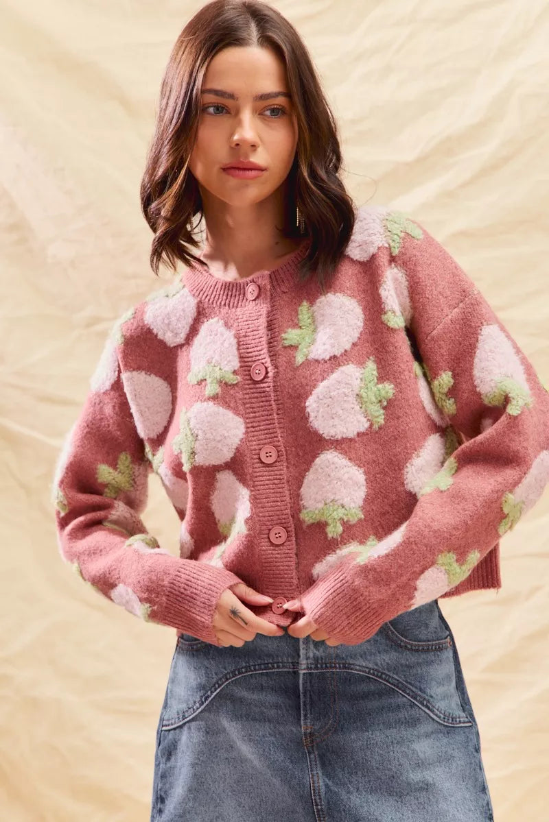 Strawberry Fruit All Over Button Sweater Cardigan