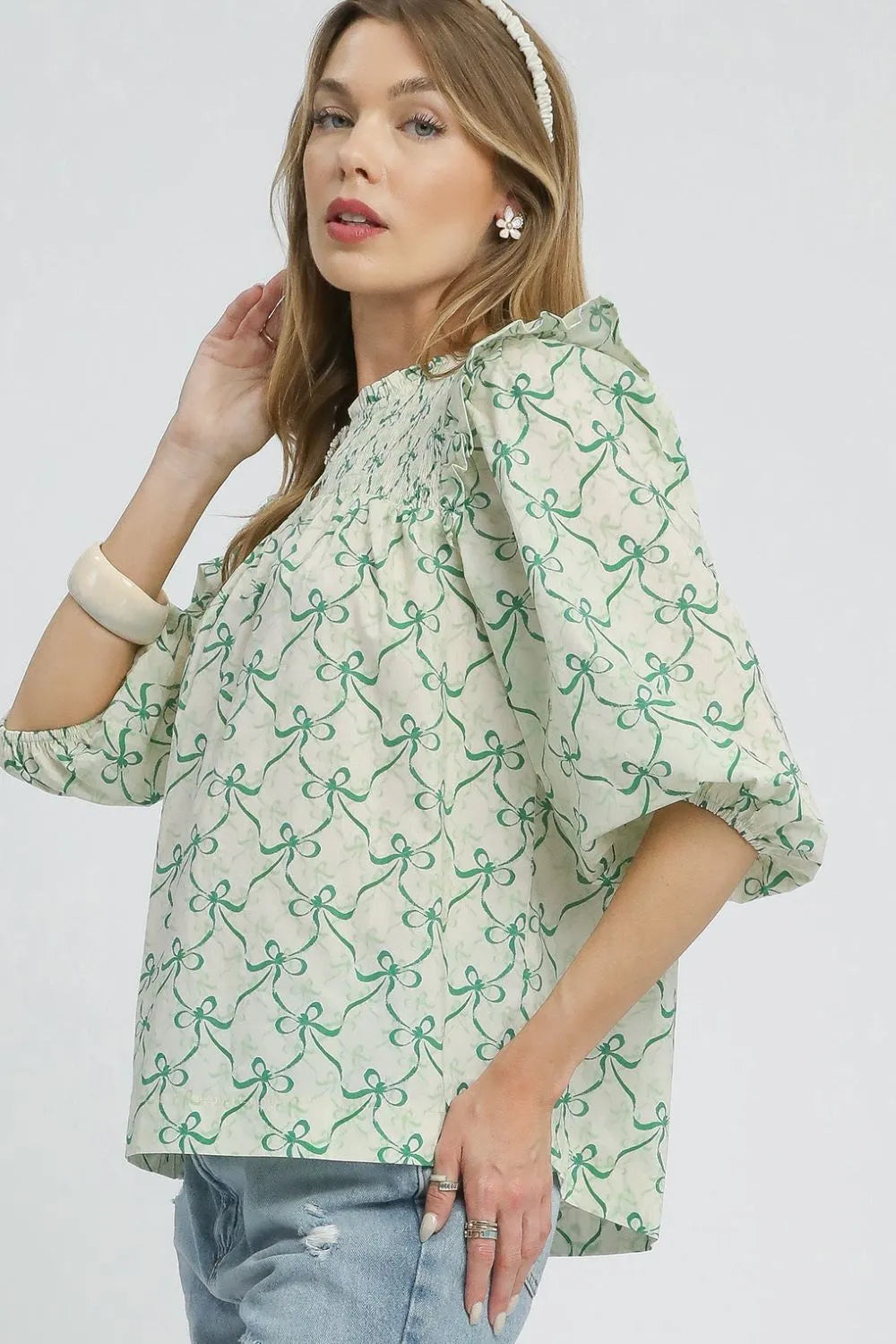 Ruffled Bow Print Notched Blouse