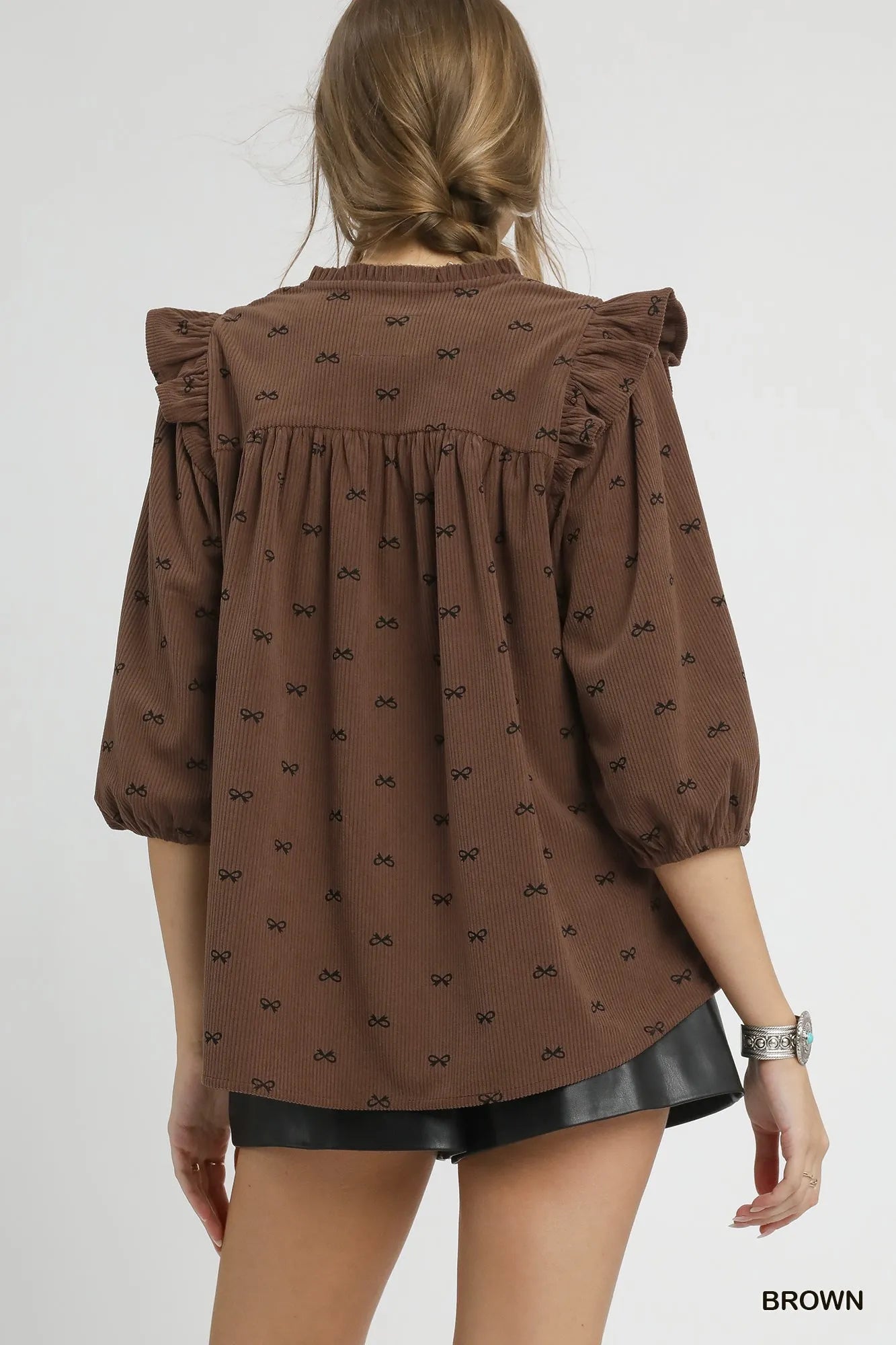 Bow Print Corduroy Puff Sleeve Blouse with Ruffled