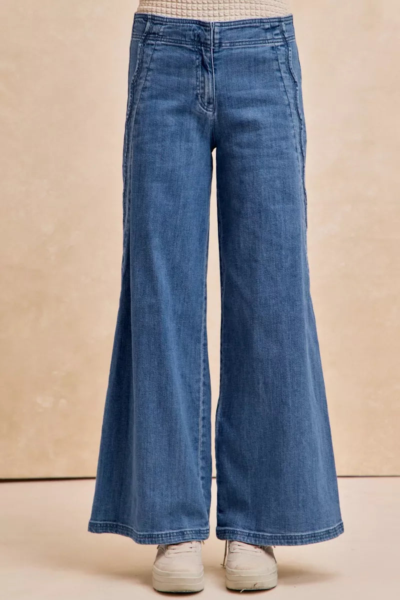 Wavy Side Edge Detail Lined Wide Leg Jeans