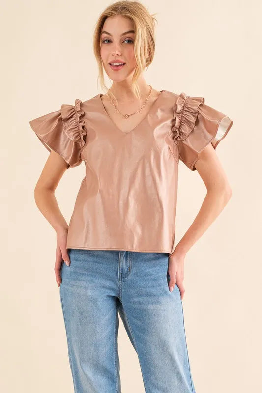 Faux Leather Ruffle Sleeves V Neck Top