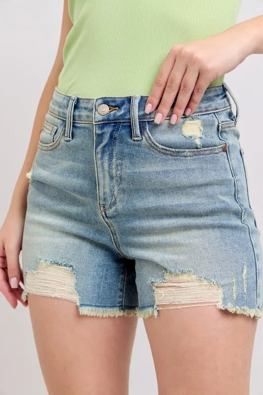 Full Size High Rise Washed Fly Stitch Detail and Destroy Denim Shorts Plus Size