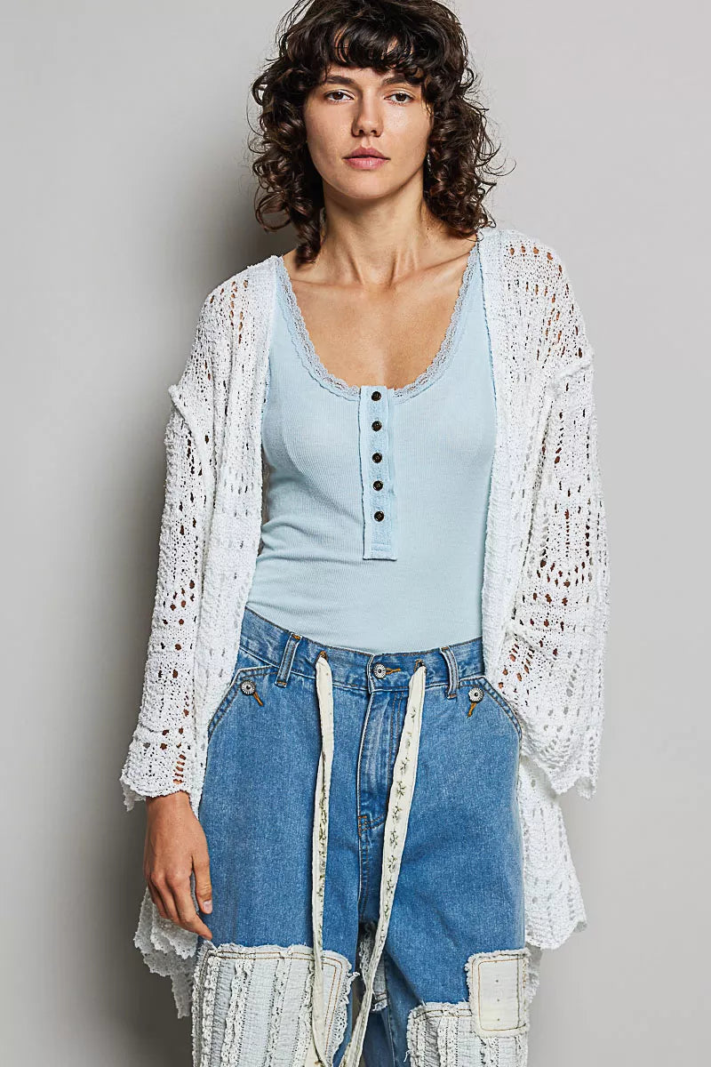Openwork Lightweight Open Front Cardigan with Scalloped Edge