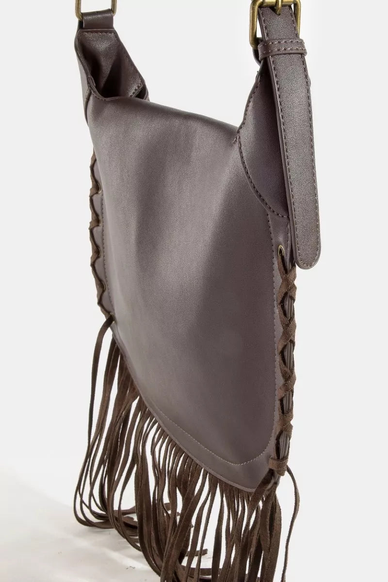 Rivet Trim Suede Fringe Shoulder Bag
