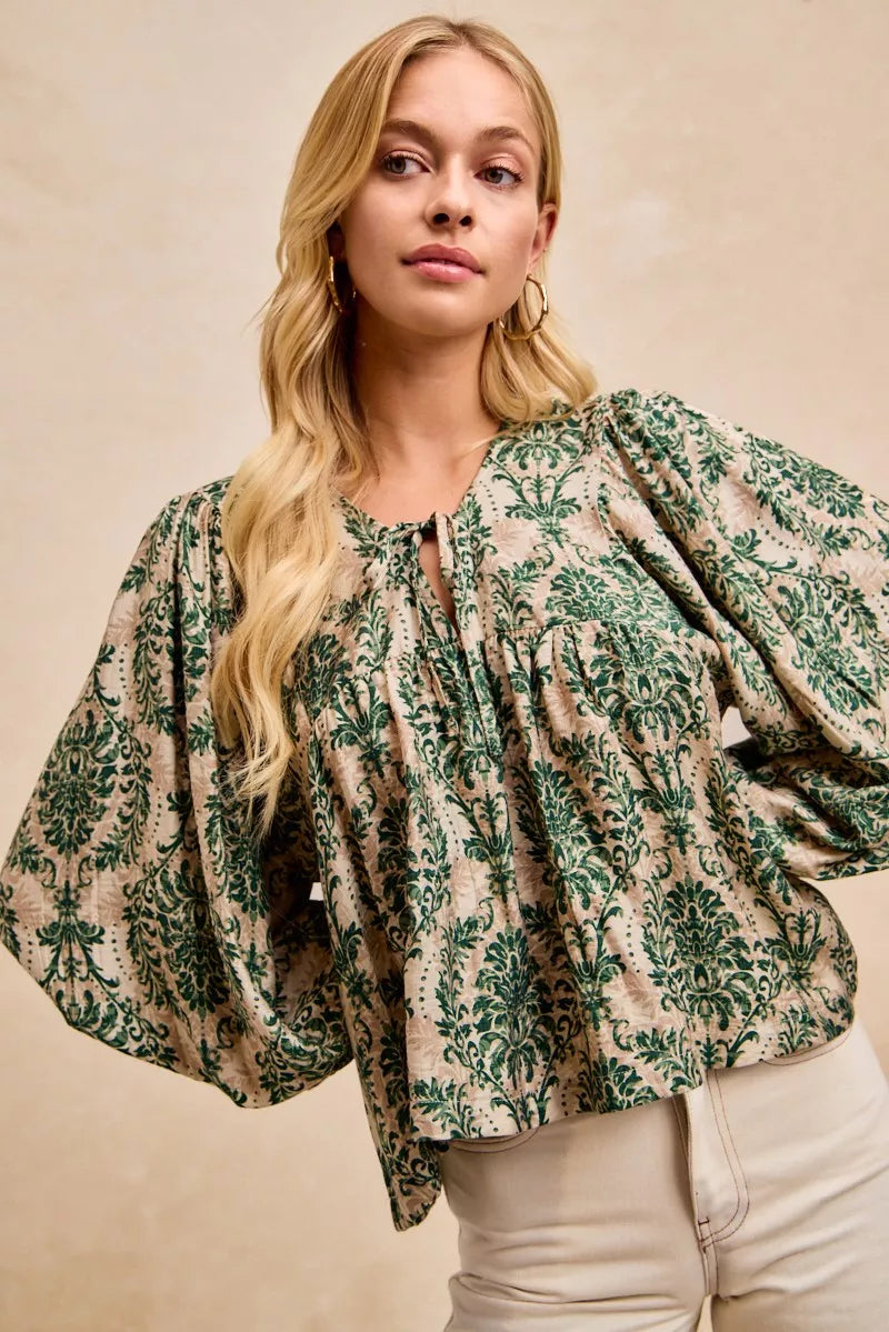 Printed Woven Front Tied Blouse with Baloon Sleeve