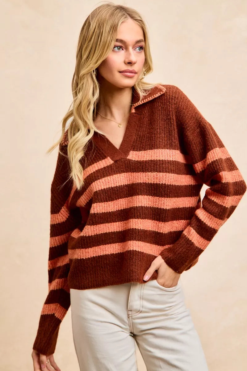 Striped Sweater Top with Collar Stitched Details
