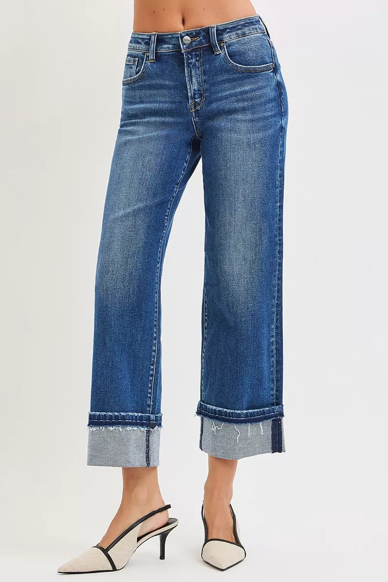 Mid Rise Ankle Straight Jeans with Cuffed Hem