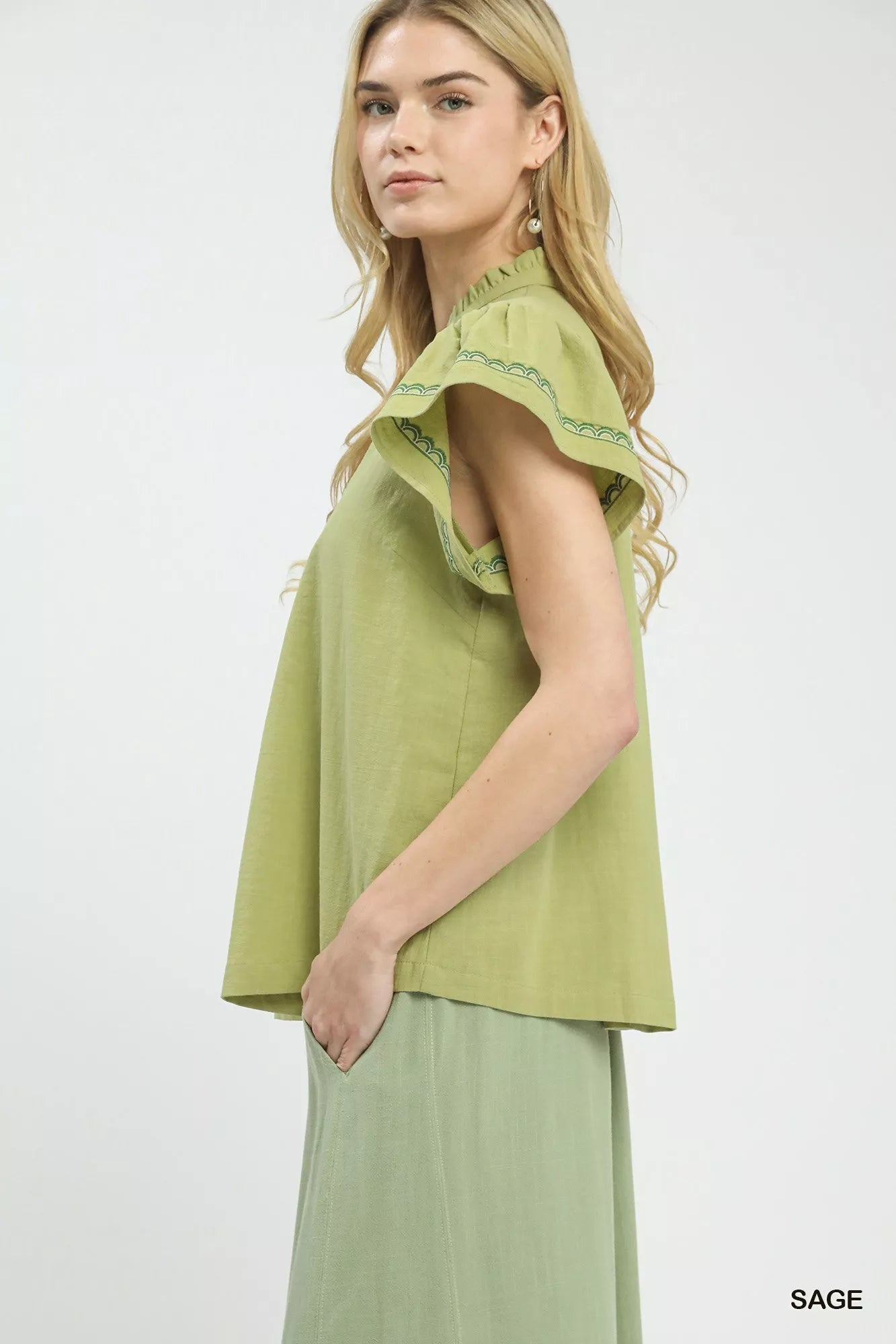 Embroidered Flutter Sleeve Blouse