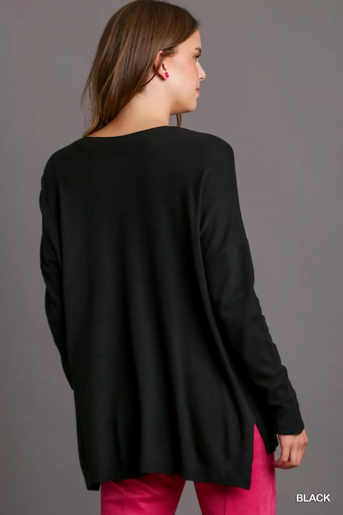 V-Neck High Low Hem Knit Top with Side Slit