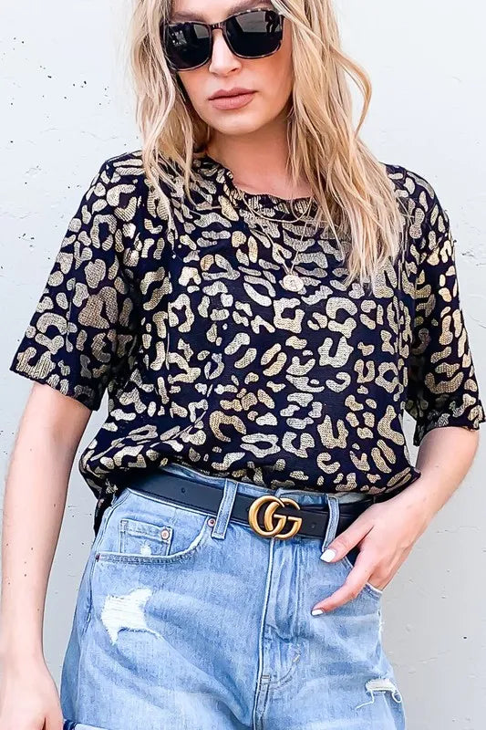 Leopard Foil Printed Half Sleeve Summer Sweater