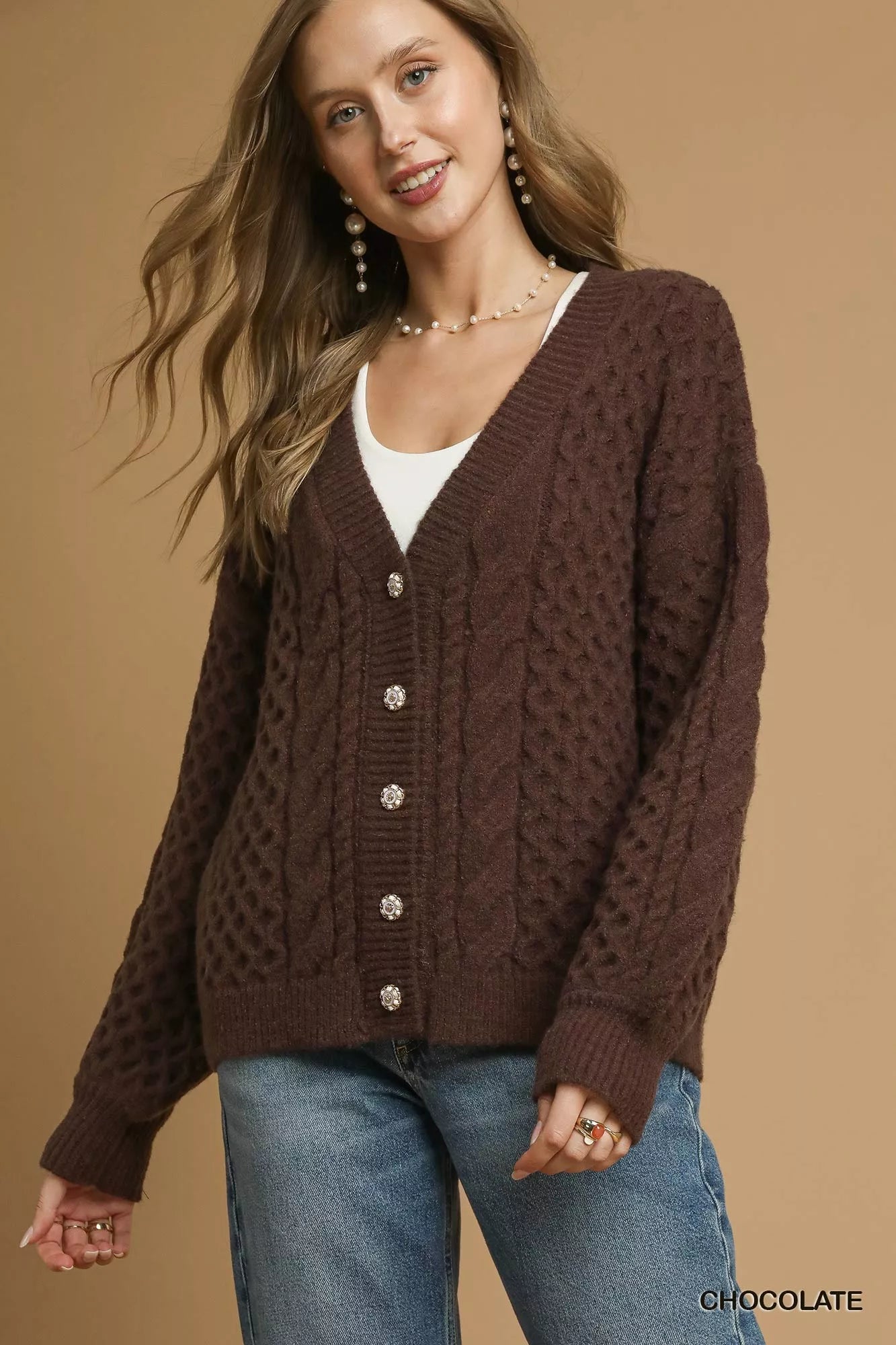 Cable Knit Pearl Button Cardigan