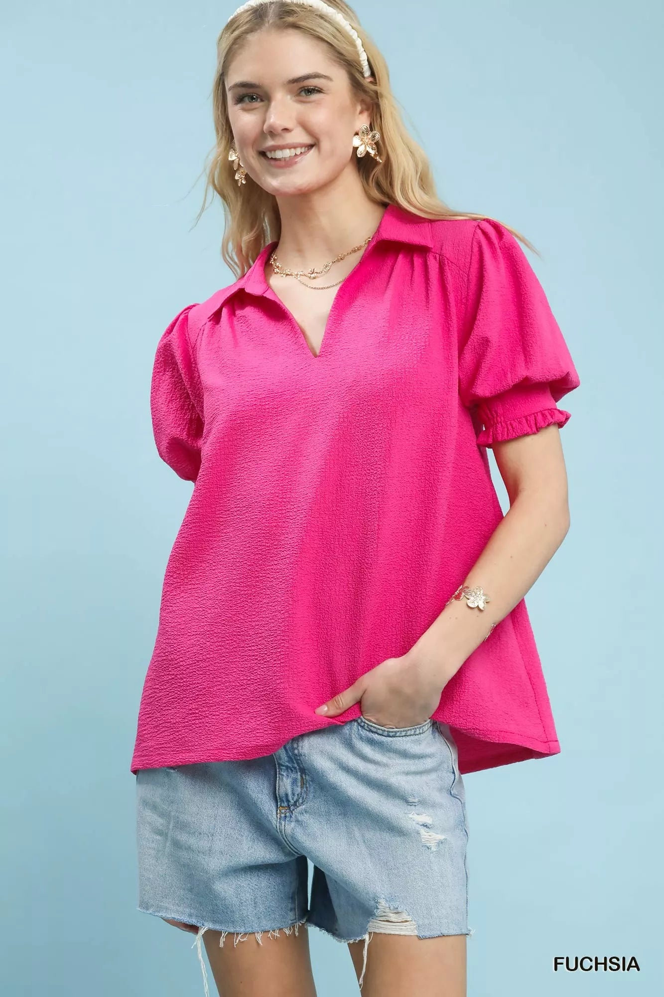 Seersucker Puff Sleeve Blouse