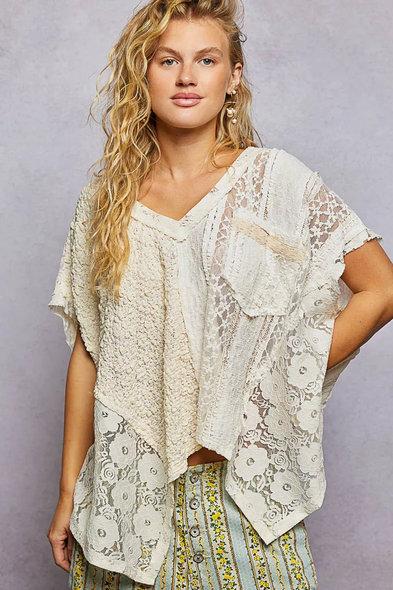 Asymmetrical V-Neck Short Sleeve Lace Top