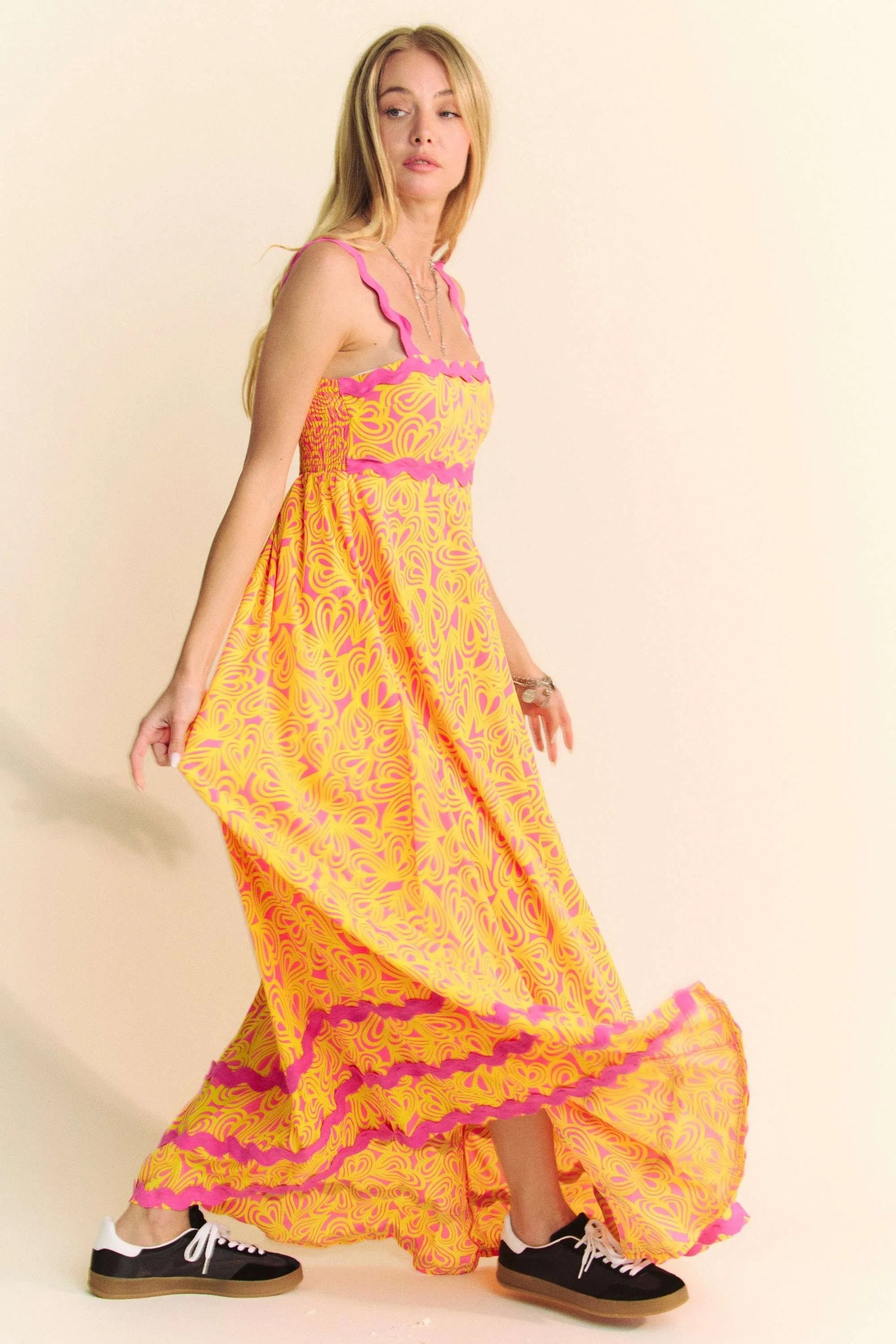 2 Tone Printed Wavi Trim Tiered Maxi Dress
