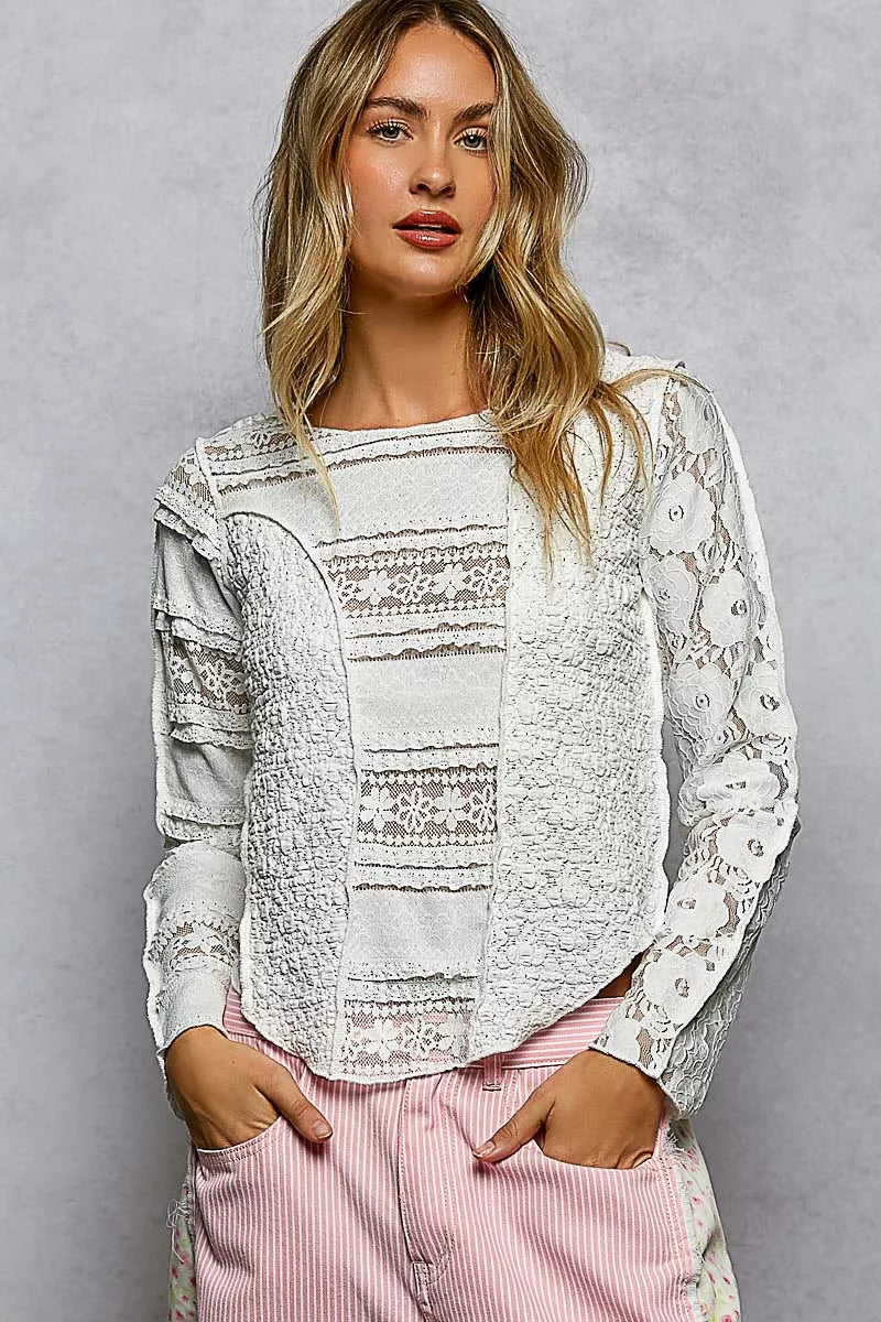 Round Neck Long Sleeve Exposed Seam Top with Lace Detail