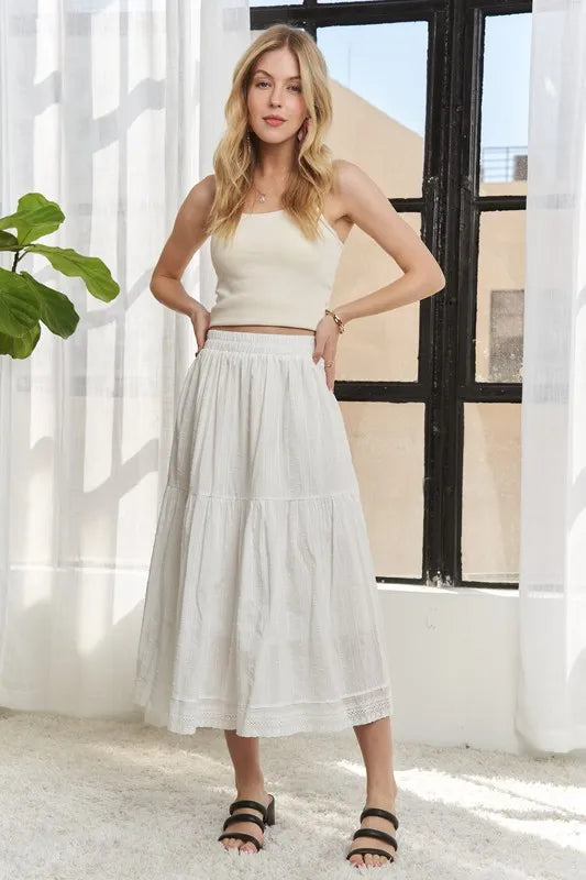 Elastic Waistband Tiered Midi Skirt